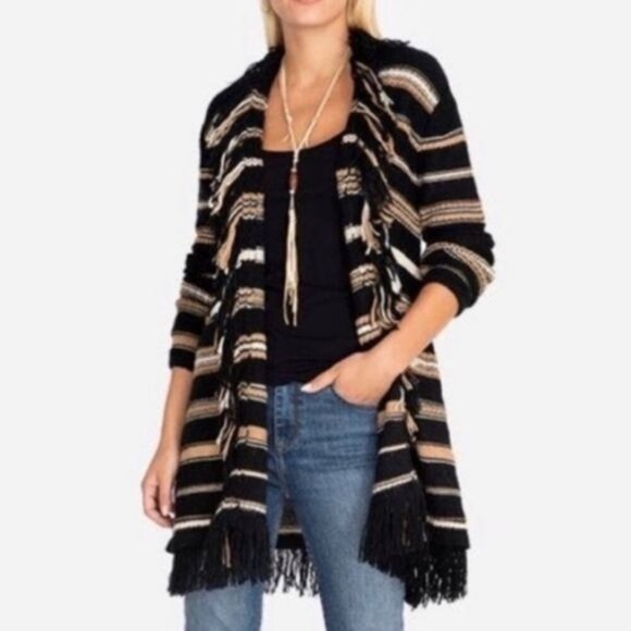 Johnny Was | Ada Striped Open Front Alpaca Wool Cardigan Sz M Brown Black Fringe - Picture 1 of 7